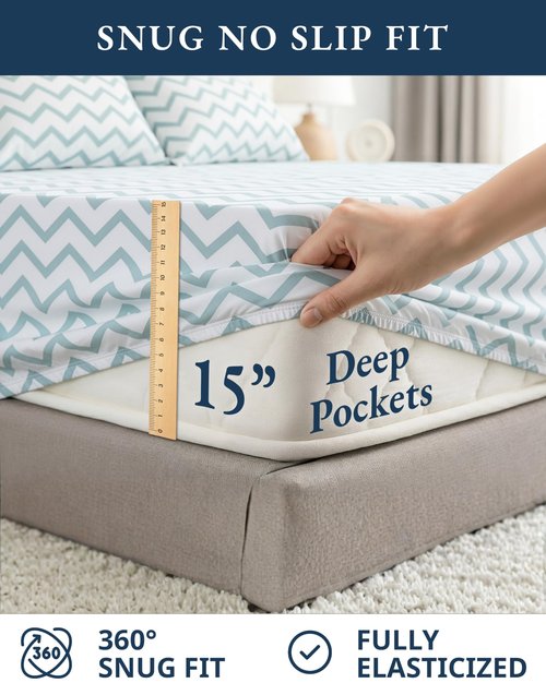 LANE LINEN 100% Organic Cotton Full Size Sheet & Pillowcase Sets, Fully Elasticized Soft & Comfy Printed Percale Bedding, Temperature Regulating Printed Cotton Sheets Full - Chevron