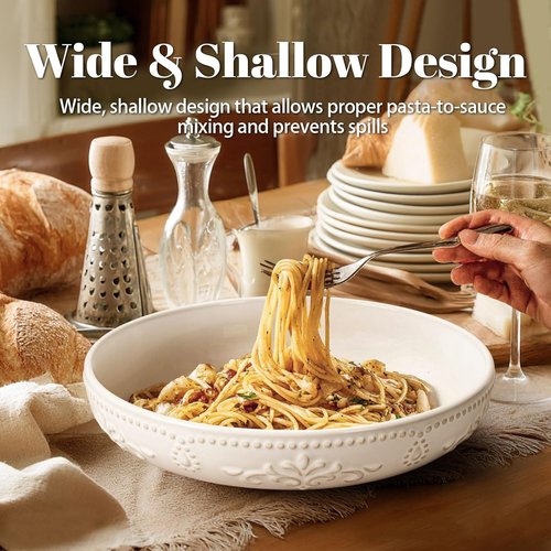 Artena Large 50oz Pasta Bowls Set of 4 - White Ceramic Salad & Soup Bowls | Microwave & Dishwasher Safe
