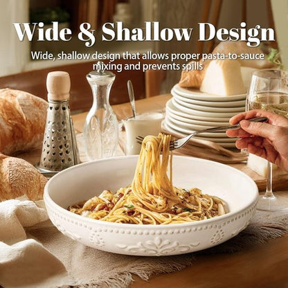 Artena Large 50oz Pasta Bowls Set of 4 - White Ceramic Salad & Soup Bowls | Microwave & Dishwasher Safe