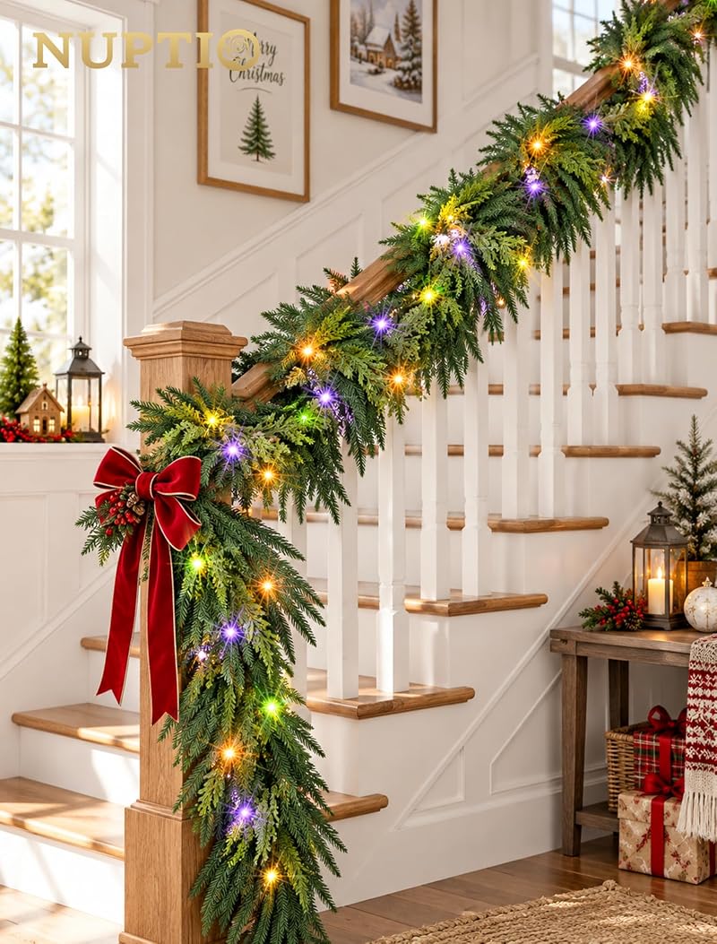 9 Ft Norfolk Pine Garland with 80 LED Lights - Prelit Artificial Greenery, Multi-Function Remote