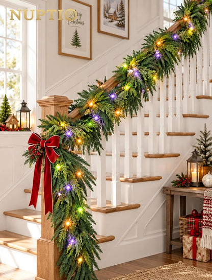 9 Ft Norfolk Pine Garland with 80 LED Lights - Prelit Artificial Greenery, Multi-Function Remote