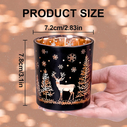 Skiennix Votive Candle Holders - Black & Gold Glass Tealight Set of 3 | Christmas Elk & Snowflake Design