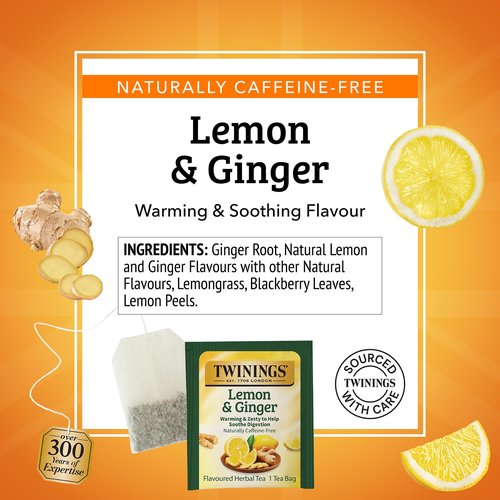 Twinings Lemon & Ginger Herbal Tea Individually Wrapped Bags, 25 Count (Pack of 6), Spicy Ginger, Lemon Peel, & Lemongrass, Naturally Caffeine-Free, Enjoy Hot or Iced, 150 Teabags