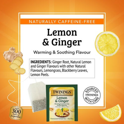 Twinings Lemon & Ginger Herbal Tea Individually Wrapped Bags, 25 Count (Pack of 6), Spicy Ginger, Lemon Peel, & Lemongrass, Naturally Caffeine-Free, Enjoy Hot or Iced, 150 Teabags
