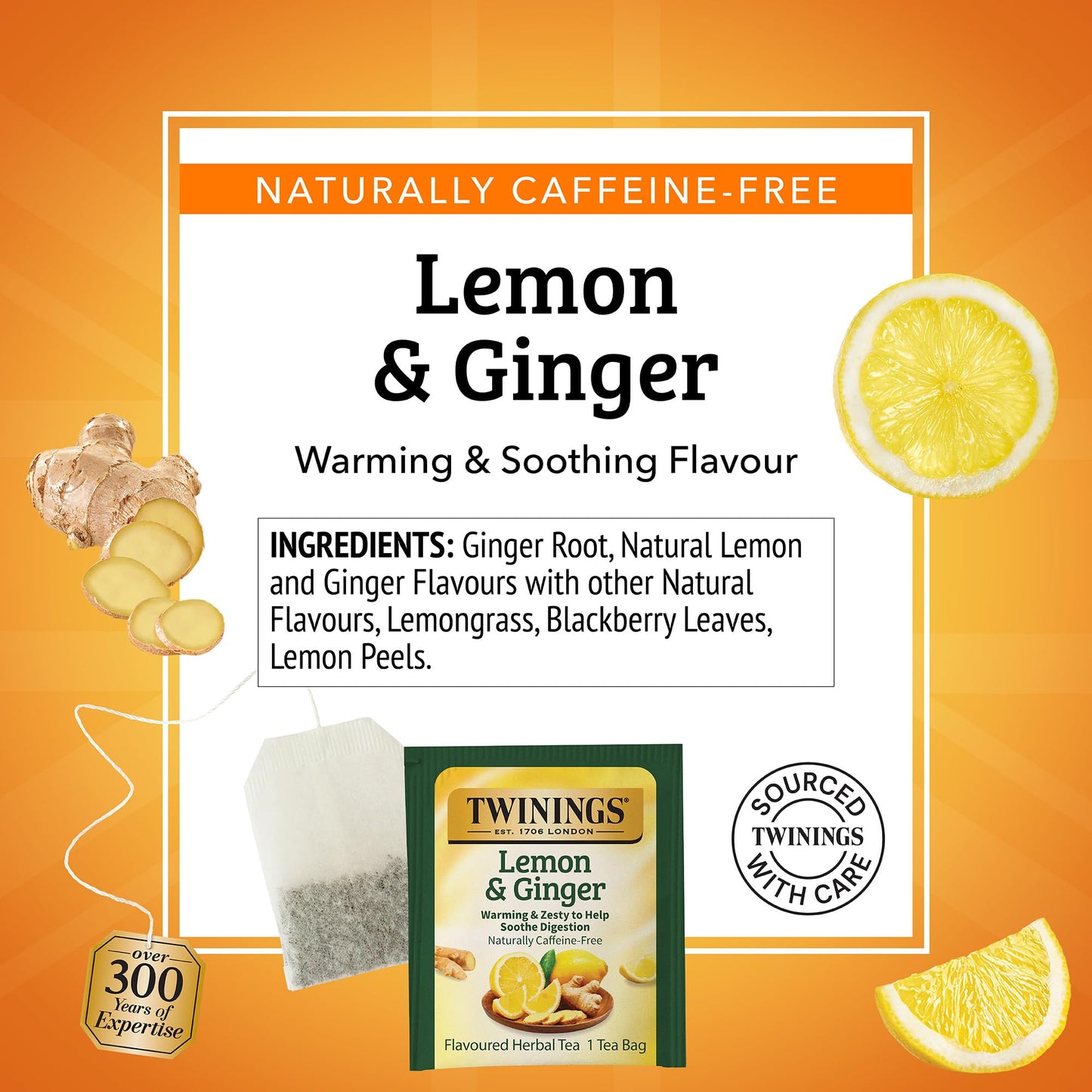 Twinings Lemon & Ginger Herbal Tea Individually Wrapped Bags, 50 Count (Pack of 6), Tangy Lemon & Spicy Ginger, Naturally Caffeine-Free, Enjoy Hot or Iced, 300 Teabags