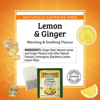 Twinings Lemon & Ginger Herbal Tea Individually Wrapped Bags, 50 Count (Pack of 6), Tangy Lemon & Spicy Ginger, Naturally Caffeine-Free, Enjoy Hot or Iced, 300 Teabags