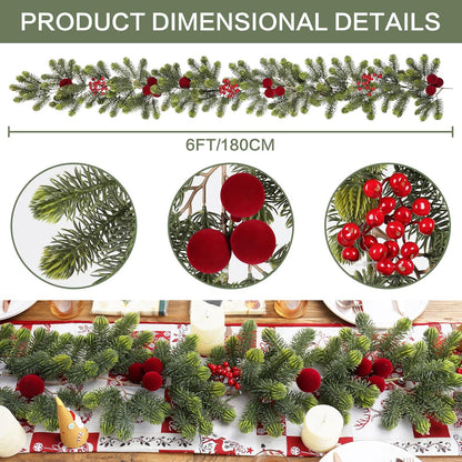 SY Super Bang 6FT Christmas Garland - Artificial Green Decor with Velvet Balls & Red Berries for Holiday Cheer