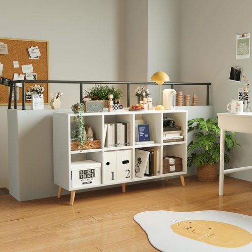 Flrrtenv 8-Cube Bookshelf - Modern 2-Tier Bookcase with Legs | 47" Freestanding Wood Storage in White
