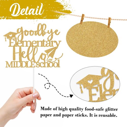 Goodbye Elementary Cake Topper by [Brand Name] - Celebrate 5th Grade Graduation | Gold Glitter Design