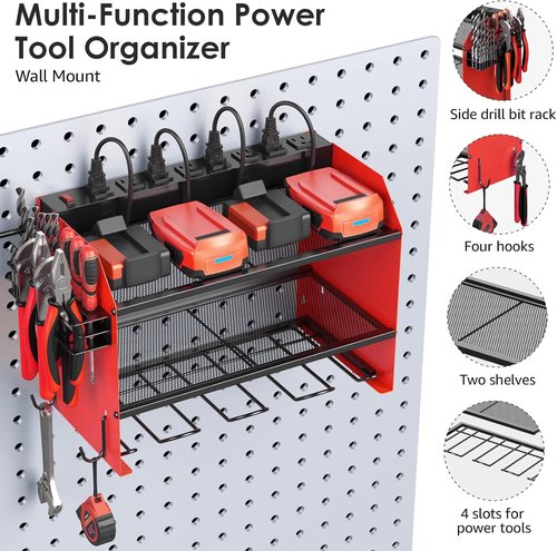 CCCEI Modular Power Tool Organizer - Wall Mount Charging Station with Heavy-Duty Rack & Hooks - Red
