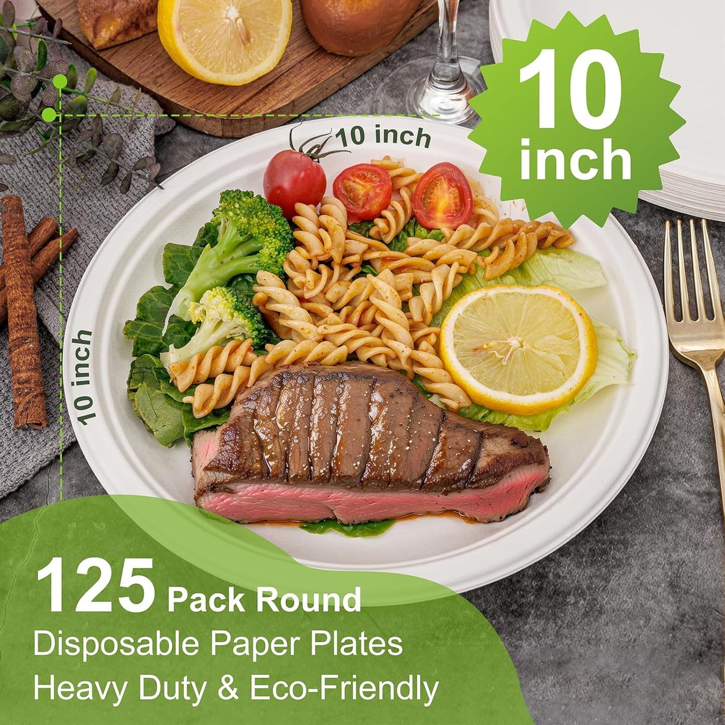 WELLIFE 10-Inch Compostable Paper Plates - 125-Pack Heavy-Duty, Eco-Friendly & Microwaveable | BPI Certified