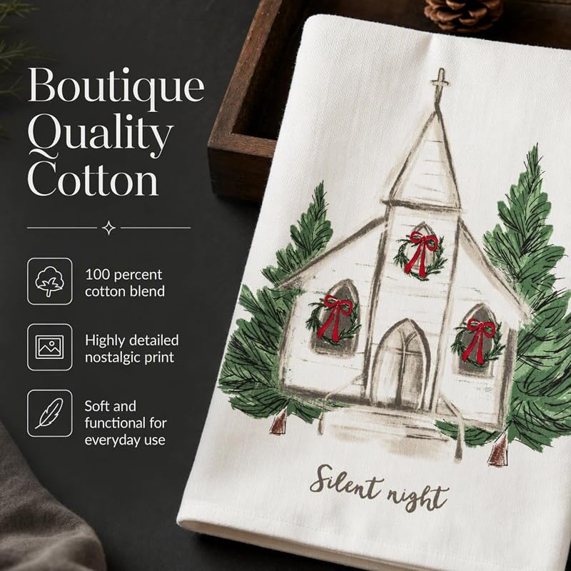 Christian Christmas Kitchen Hand Towel 26x16in Cotton Poplin Snow Church Decor