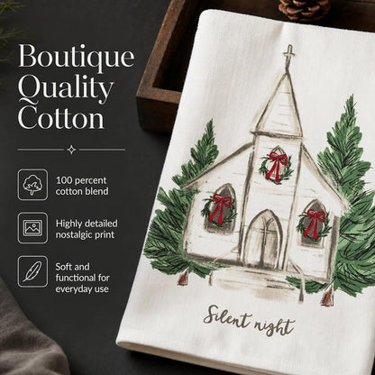 Christian Christmas Kitchen Hand Towel 26x16in Cotton Poplin Snow Church Decor