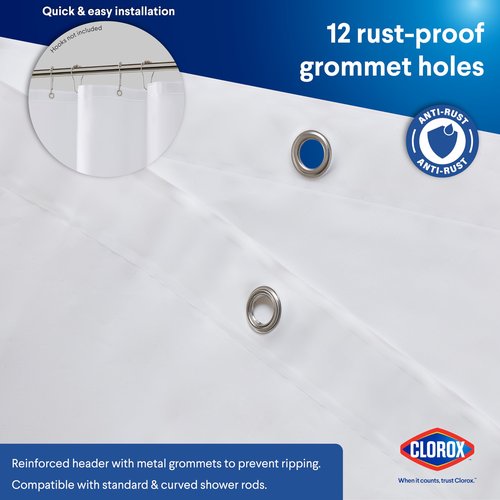 CLOROX Shower Curtain Liner, Premium Lightweight Flexible Waterproof 8g PEVA for Bathroom with Weighted Magnets, Standard Size 72" x 72", White 1 Pack