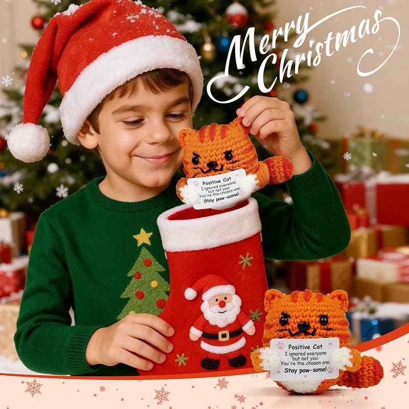 Orange-Cat Positive Crochet Cat Gift — Uplifting Message for Women & Men, Handmade Décor