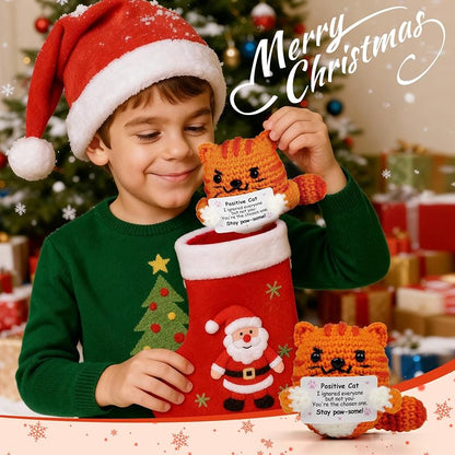 Orange-Cat Positive Crochet Cat Gift — Uplifting Message for Women & Men, Handmade Décor