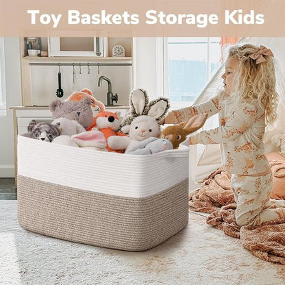 Goodpick Large Blanket Basket - Woven Cotton Rope Storage Solution | 22" x 17" x 12" | White & Brown