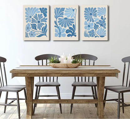 Blue Flower Market Canvas Wall Art - Boho Botanical Aesthetic Paintings for Living Room & Bedroom Decor