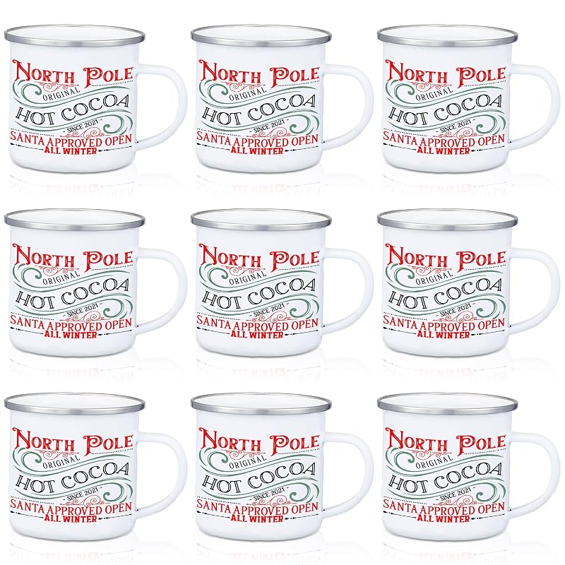NORTH POLE 9 Pcs Enamel Mugs 12oz Coffee Cup with Handles - Christmas Set