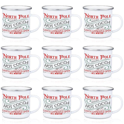 NORTH POLE 9 Pcs Enamel Mugs 12oz Coffee Cup with Handles - Christmas Set