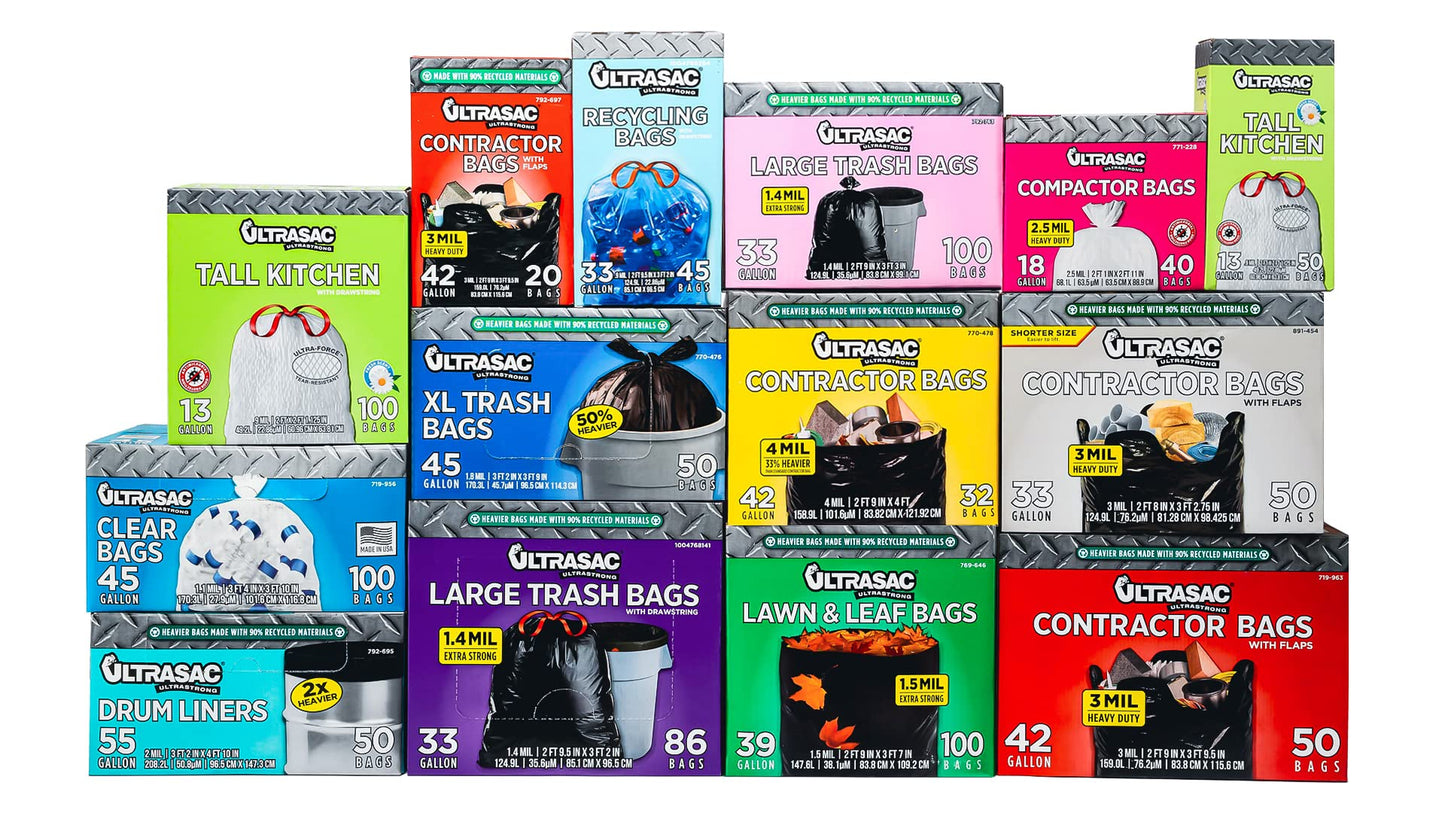 Ultrasac Blue Recycling Bags 33 Gallon 0.9 MIL, 33.5" x 38" - Pack of 45 - For Recycling, Kitchen, Industrial, & Commercial