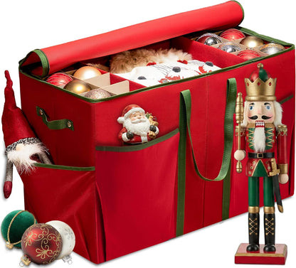 ZOBER Large Christmas Ornament Storage Box - Holds 80 3" Ornaments with Dividers | Durable Red Container for Figurines and Accessories