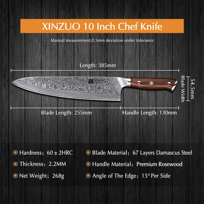 XINZUO 10 Inch Damascus Chef Knife Kitchen Knife Sharp Gyuto Knife Stainless Steel Fashion Professional Chef's Knife with Rosewood Handle