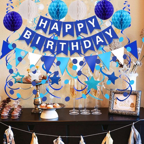 FECEDY Happy Birthday Banner - Navy Blue Paper Flag & Circle Garland | Party Decorations Set
