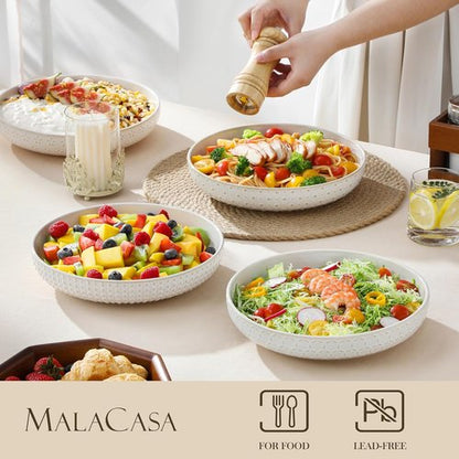 MALACASA Pasta Bowls - 48 Oz Large Ceramic Salad Bowls | Modern Relief Design, Set of 4