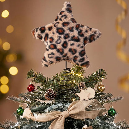 Leopard Print Tree Topper Star 8x10 Inch - Silver Metal Christmas Decoration