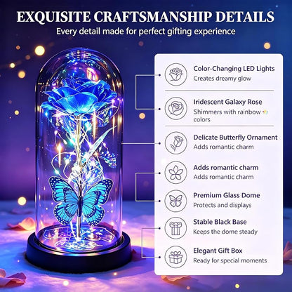 Blue Galaxy Rose LED Glass Dome with Butterfly Ornament – Valentines Gift for Women
