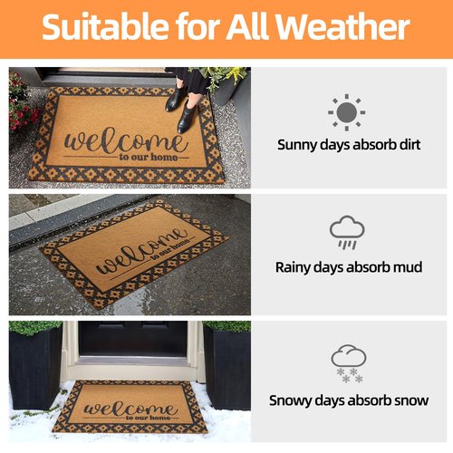 Welcome Mat Front Door Mat Indoor Outside Entrance, Heavy Duty Dirt Trapper Coir Doormat with Non Slip Backing Entryway Rug for Front Back Door, 17x30, Brown