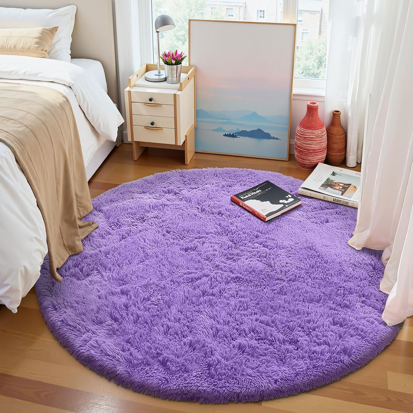 OLANLY Purple Round Area Rug - Soft, Fluffy, Machine Washable 4 ft Circle Rug for Bedroom & Living Room Decor