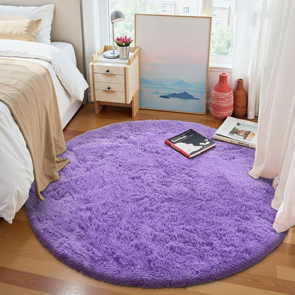 OLANLY Purple Round Area Rug - Soft, Fluffy, Machine Washable 9 ft Circle Carpet for Bedroom & Living Room