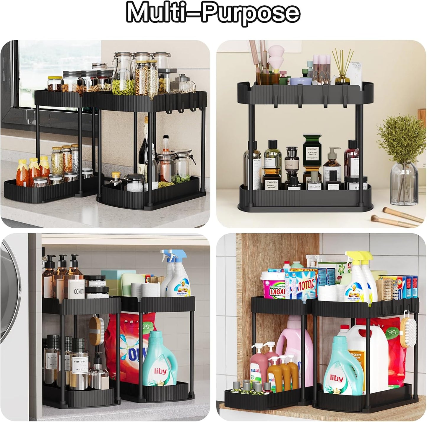 Ukeetap Multi-Purpose Pull-Out Storage Organizers - Under Sink & Cabinet Solutions, Black, 12.8 Inches, 2 Packs