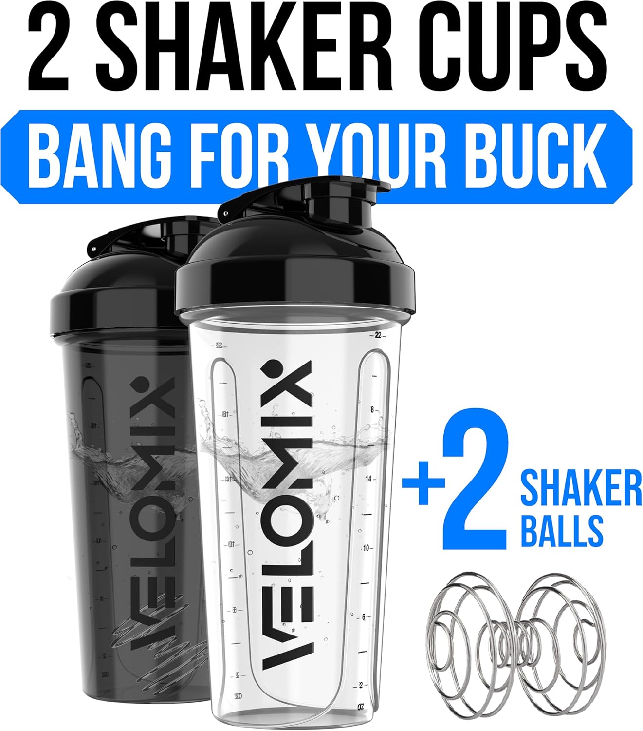 Velomix Protein Shaker Bottles - 28 oz Leak Proof Design with 2 Wire Whisks | 2-Pack (Black/Transparent)