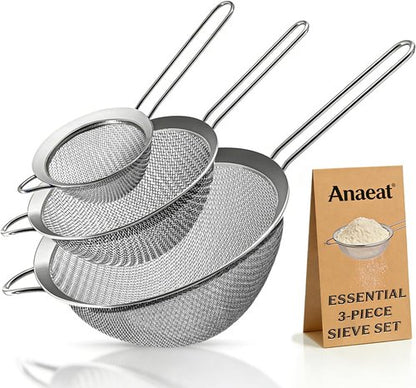 Anaeat Fine Mesh Strainers - Premium Stainless Steel Sifters with Durable Mesh & Sturdy Handle | 3.15", 5.5", 7.87" Sizes