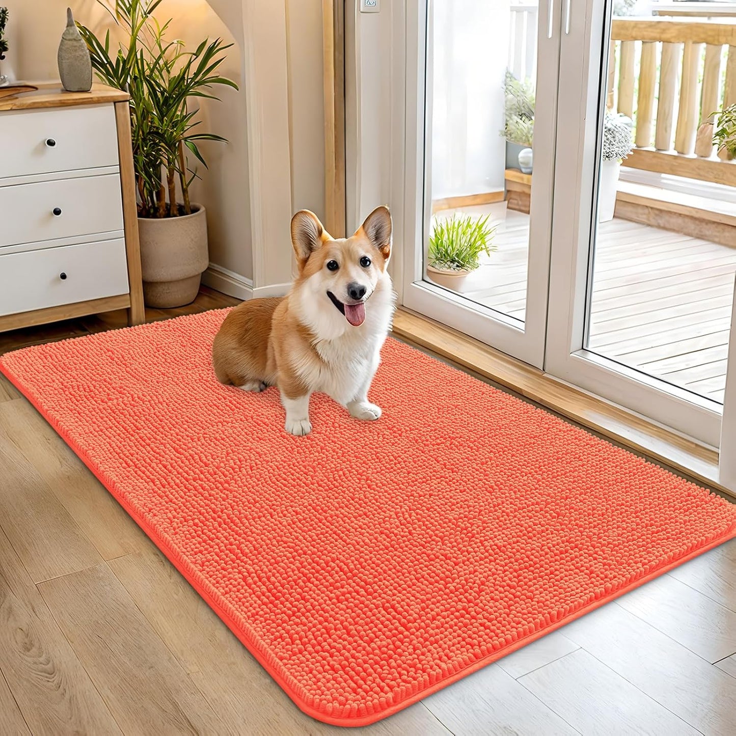 OLANLY Dog Door Mat - Absorbent Non-Slip Mud Mat for Dogs | Quick Dry Chenille, 45x27, Coral
