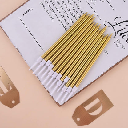 PHD CAKE Gold Long Thin Metallic Birthday Candles - Perfect for Parties & Weddings | Elegant Cake Decor