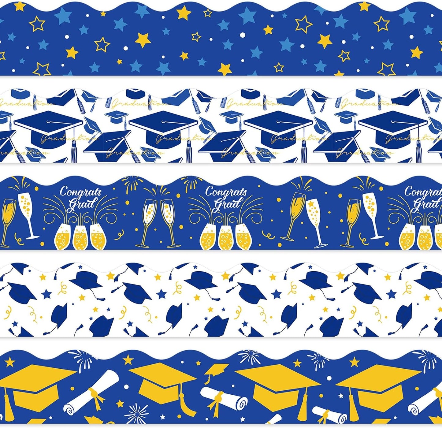 Whaline Graduation Bulletin Board Border - 69Ft Blue & Gold Cap Star Trim for Grad Party Decor
