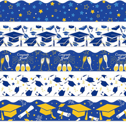 Whaline Graduation Bulletin Board Border - 69Ft Blue & Gold Cap Star Trim for Grad Party Decor