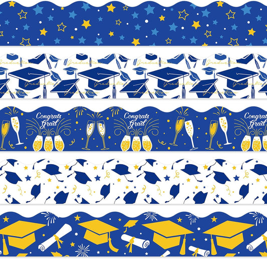 Whaline Graduation Bulletin Board Border - 69Ft Blue & Gold Cap Star Trim for Grad Party Decor