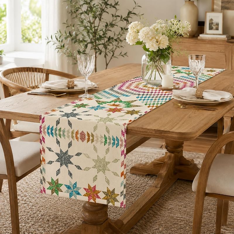 Multi Color Boho Mandala Table Runner 72in, Linen Geometric Snowflake Star