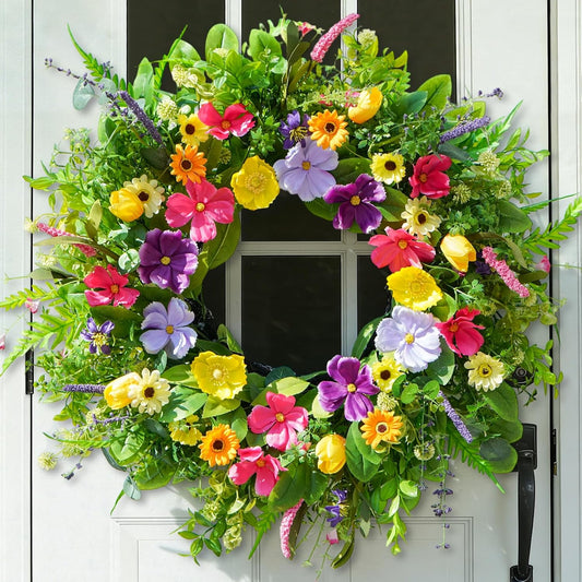 Regine Switzerland 24-Inch Spring Summer Wreath - Luxury Colorful Eucalyptus & Wild Blooms for Indoor/Outdoor Decor