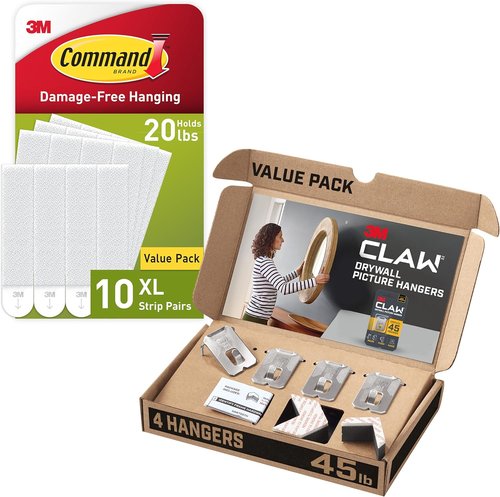Command X-Large Picture Hanging Strips & 3M CLAW 45 lb. Drywall Hangers Bundle | 4 Hangers, 4 Spot Markers, 10 Strips