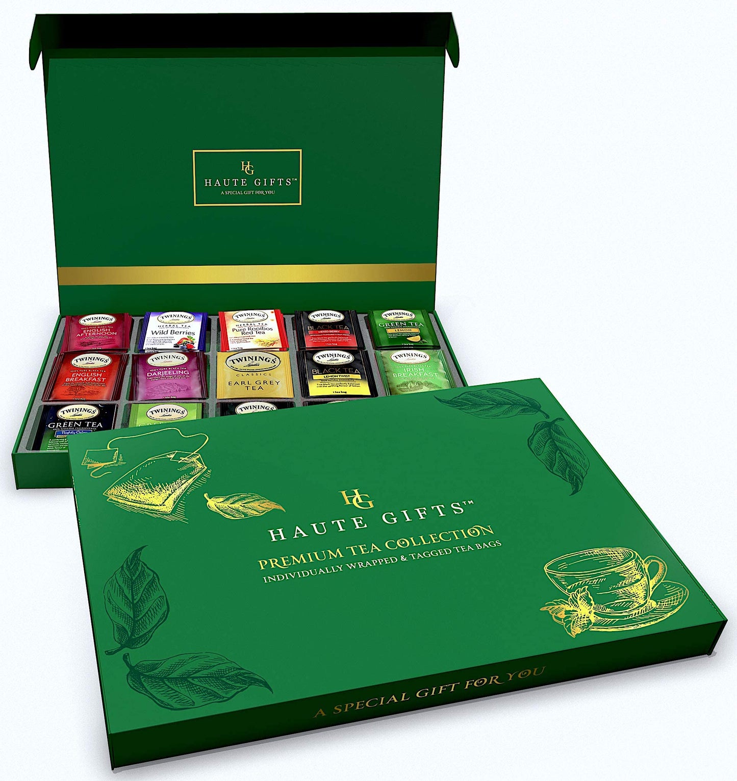 Tea Bags Sampler Assortment Variety Pack Gift Box 45 Count Tea Bags & 10 Honey Sticks - Perfect Variety - English Breakfast, Green, Black, Herbal, Chai Tea and more (Green)