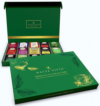 Tea Bags Sampler Assortment Variety Pack Gift Box 45 Count Tea Bags & 10 Honey Sticks - Perfect Variety - English Breakfast, Green, Black, Herbal, Chai Tea and more (Green)