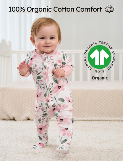 Yoofoss Baby Pajamas 100% Organic Cotton Baby Sleepers for 0-3 Months Boys Girls Clothes, 3-Pack Soft infant Toddler Footed PJs with Mitten Cuffs, Zipper Footies Pajamas
