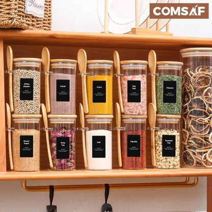ComSaf 12 Pcs Glass Spice Jars with Labels and Spoons, 10oz Spice Containers with Bamboo Lids, Glass Storage Containers with 275 Labels for Seasonings, Salt, Loose Leaf Tea Storage
