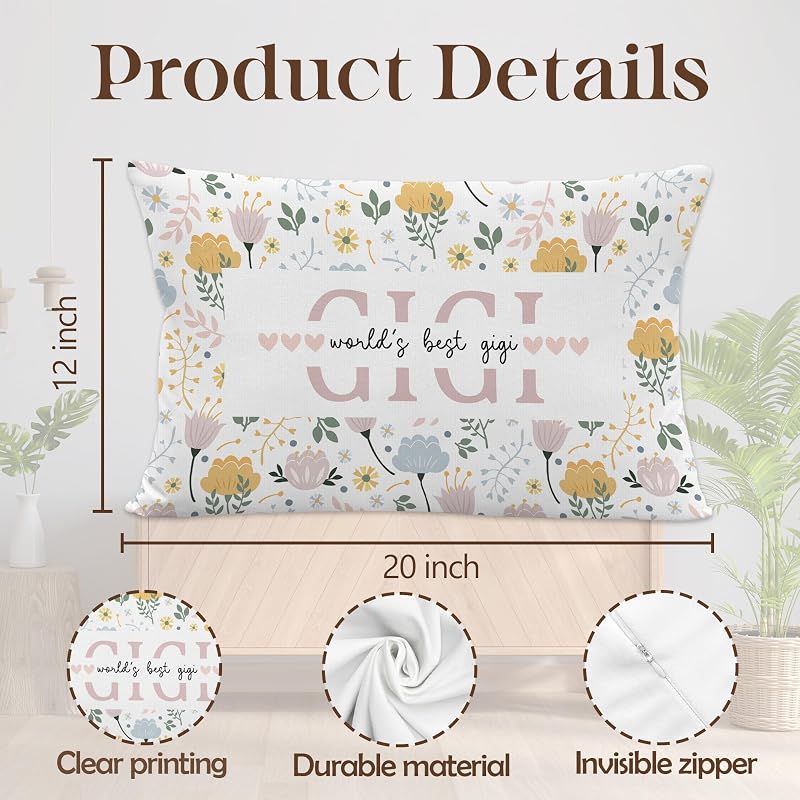 Gigi Gift Pillow Cover – 12x20 Floral Christmas Gift for Grandma, Surname Variation: Gigi